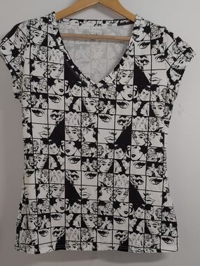 TWIK Go Green Organic Cotton Comic Print Tunic Top XL Black White Pop Art Graphi